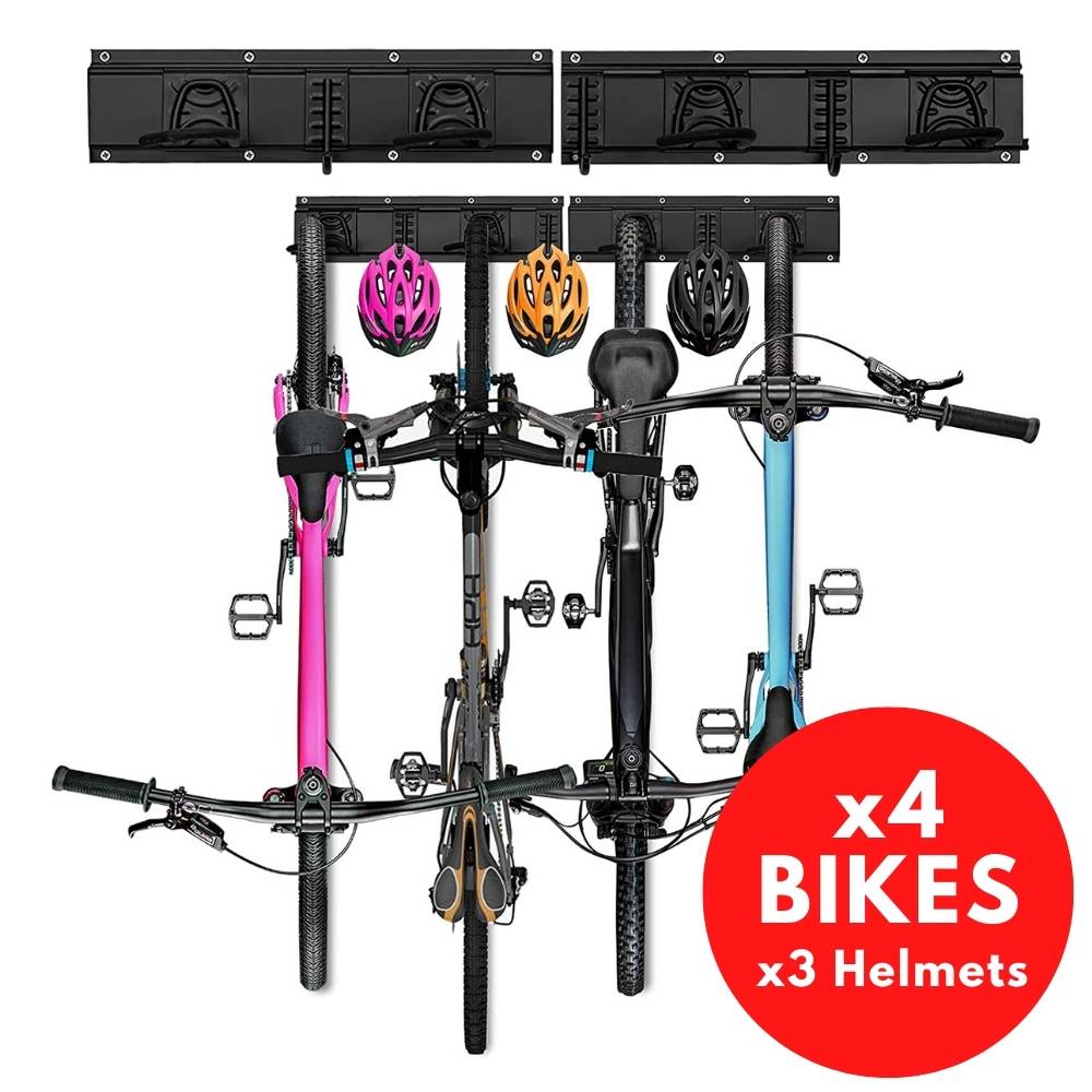 A four bike wall rack holding bicycles off a garage floor