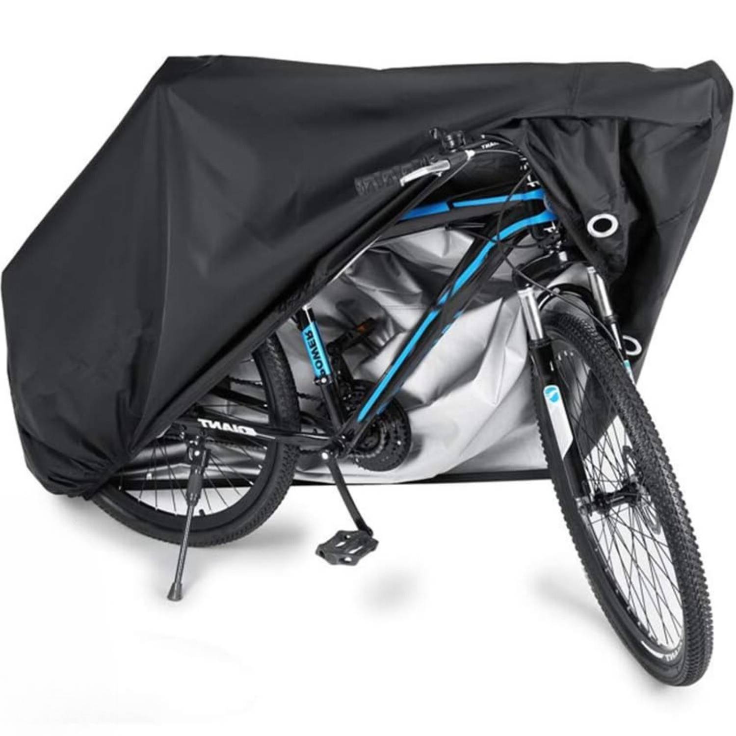 A bike cover pulled over a bicycle